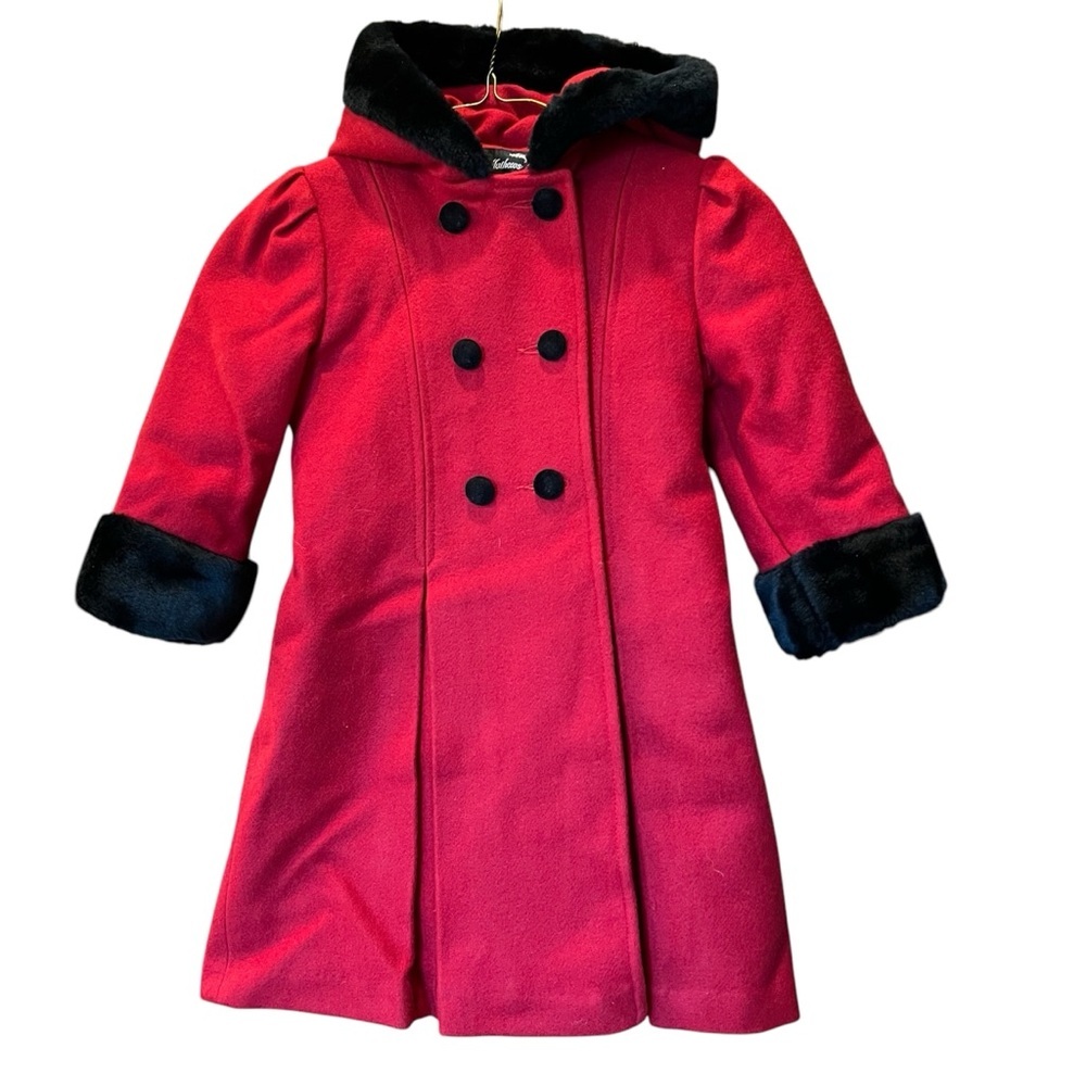STEPHANIE MATTHEWS  Girls Red Black Coat with Faux Fur Hood Wool Double Breasted